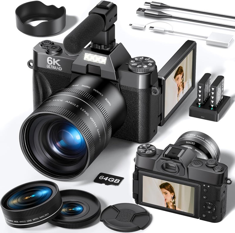 FLATIC Store Cameras for Photography, 6K 64MP Digital Camera with WiFi & Microphone for Youtuber, 16X Zoom Vlogging Camera with 180°Flip Screen, 64GB Card, 2 Batteries, Macro & Wide-Angle Lens, Card Reader - Image 1